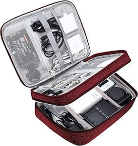 Read more about the article FRITZY Electronics Accessories Organizer Bag, Universal Carry Travel Gadget Bag for Cables, Plug and More, Perfect Size Fits for Pad Phone Charger Hard Disk Dual Layer Red