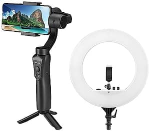 Read more about the article DIGITEK® 3-Axis Handheld Gimbal Stabilizer for Smartphones & Gopro && (DRL-18H C) Professional 46 CM (18″ inch) Big LED Ring Light with Stand, 2 Color Modes Dimmable Lighting