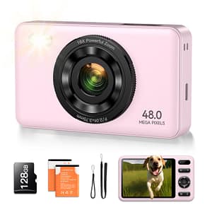 Read more about the article Digital Camera with 128GB SD Card Autofocus 48MP 2.7K Cameras for Photography 16X Digital Zoom Anti Shake 2 Batteries Kids Camera for Beginner Boys Girls Teens Gift-Pink