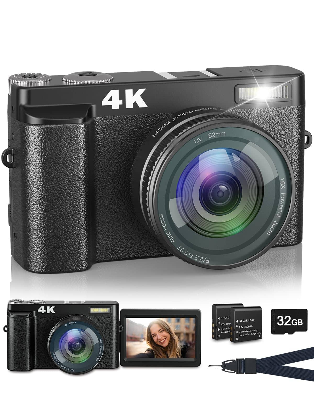 You are currently viewing ToAuite 4K Digital Camera With Flash, 48Mp Camera For Photography Teens Adults Autofocus Vlogging And Youtube Cameras With Flip Screen, Anti-Shake, 16X Digital Zoom, 32Gb Card, Two Batteries, Lanyard