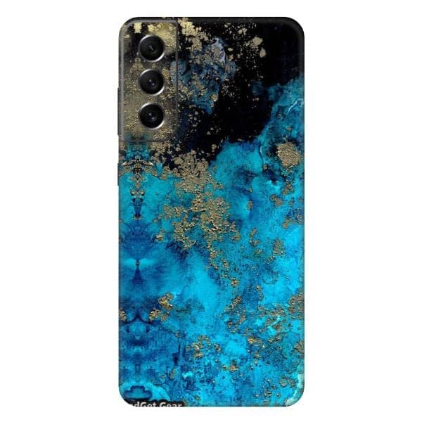 Read more about the article Gadget Gear Vinyl Skin Back Sticker Aqua Blue with Golden Streaks (83) Mobile Skin Compatible with Samsung Galaxy S21 FE (5G) (Only Back Panel Coverage Sticker)